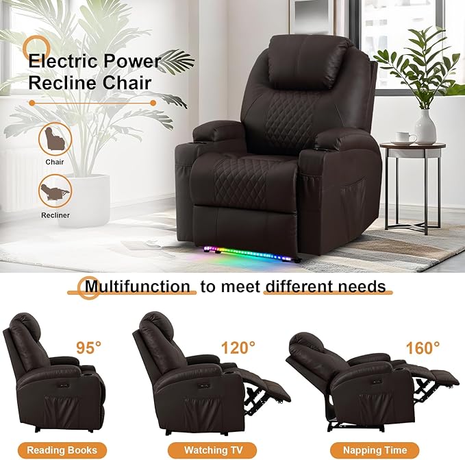 AHMED Power Recliner Chair with Vibration Massage & Heat for Adults, Faux Leather Home Theater Seating with Cup Holders/LED Lights/USB Ports/Side Pockets for Living Room, Brown-Ruum Studio Home
