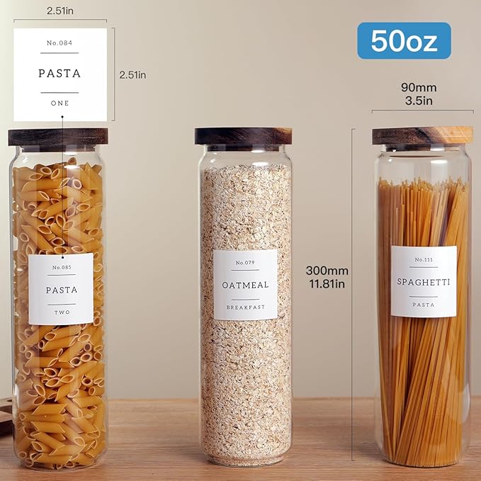 3 Set Glass Pantry Storage Jars with Acacia Airtight Lid - 50oz Thicken Glass Kitchen Canisters with 132 Pantry Labels - Tall Food Storage Containers with Wood Lid for Pasta,Spaghetti,Cereal-Ruum Studio Home