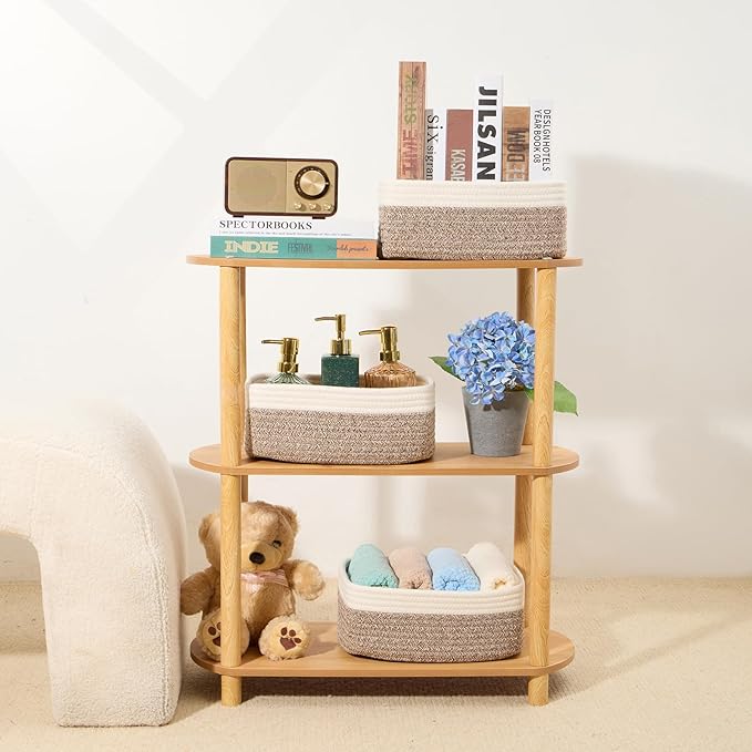 Small Storage Baskets for Organizing | Closet Organizer Bins | Shelf Toy Basket | Woven Rope Baskets | Cube Decorative Box | Shallow Basket | 11.5x7.5x4.7” | 4 Packs White Brown-Ruum Studio Home