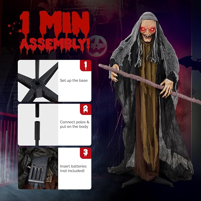 AW Animated Halloween Decorations,Scary Witch with Crutch,5.3FT Life Size Standing Clown,Motion/Sound Activated LED Eyes Creepy Sound,Haunted House Props Party Outdoor Indoor Lawn Yard Patio 2025-Ruum Studio Home