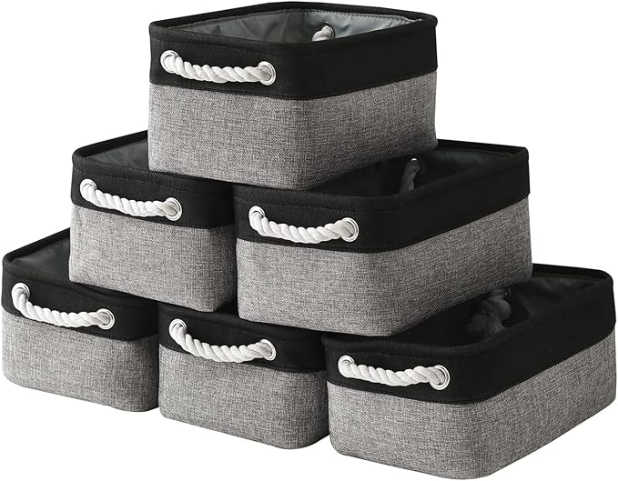 TheWarmHome Storage Basket for Organizing - 12x8x5.2 inch Small 6 Pack Collapsible Storage Bin for Shelves with Rope, Fabric Storage Cubes for Cloth Gift Toy Decorative Organizer (Black & Grey)-Ruum Studio Home