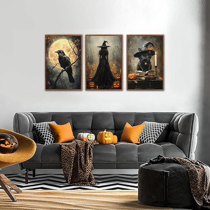 KAIRNE Framed Halloween Canvas Wall Art,Dark Witch Crow Prints,Black Cat Painting,Horror Gothic Pictures Set of 3 (16”X24”),Scary Halloween Wall Decor for Party Living Room Bedroom Office Decoration-Ruum Studio Home