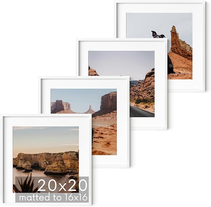 HAUS AND HUES 20x20 White Metal Picture Frames Matted to 16x16 - Features Premium Aluminum & Hanging Hardware, Shatterproof Plexiglass - Ideal for Home, Room, Office (20x20 in, White, Set of 4)-Ruum Studio Home