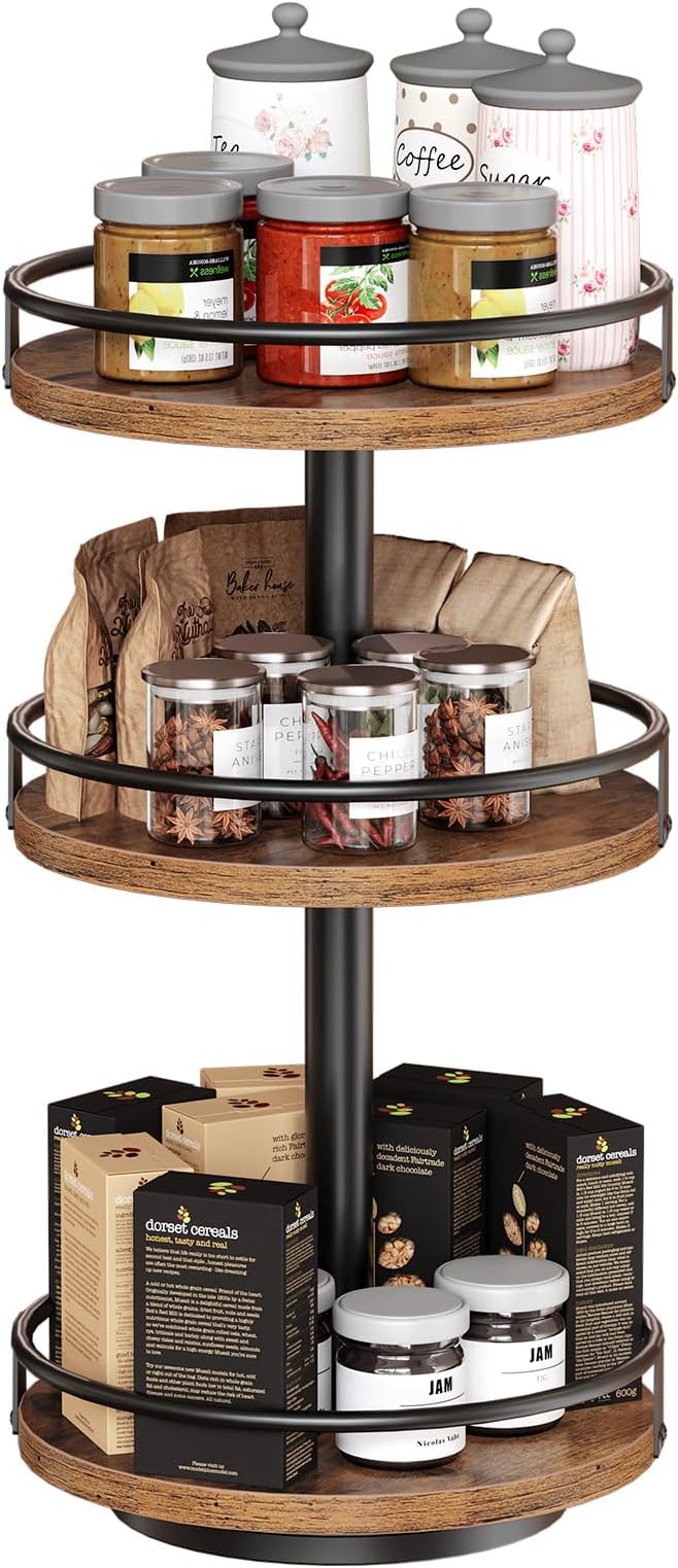 HOOBRO 3-Tier Lazy Susan Organizer, Rotating Spice Rack, Turntable Spice Rack, Vertical Storage Organizer, for Kitchen Countertop, Vanity, Dining Table, Rustic Brown and Black BF09TL01-Ruum Studio Home