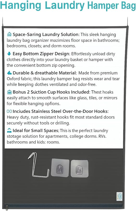 Hanging Laundry Hamper Bag – Space-Saving Dirty Clothes Storage with Free Adjustable Stainless Steel Over-the-Door Hooks & 2 Suction Cup Hooks – Ideal for bathrooms, bedrooms & dorms-Ruum Studio Home