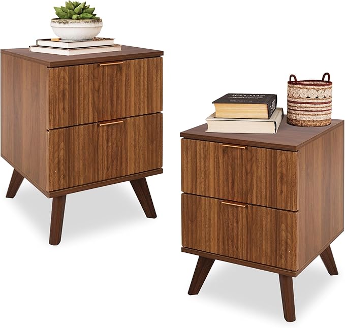 Fluted Nightstand Set of 2, Mid Century Modern 2 Drawer Dresser for Bedroom, Small Dresser Night Stand Side Table End Table with Wood Fluted Drawer Storage for Bedroom Closet(Walnut)-Ruum Studio Home