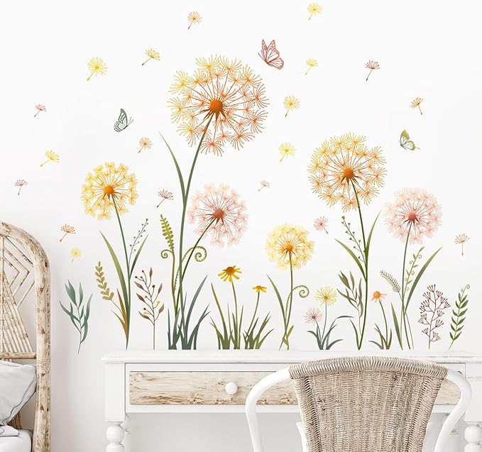 Dandelion Flower Butterfly Wall Decals Gold Dandelion Plants Floral Wall Stickers Peel and Stick Vinyl Wall Art Decor for Living Room Bedroom Office TV Sofa Backdrop Home Decor Gifts for Mom-Ruum Studio Home