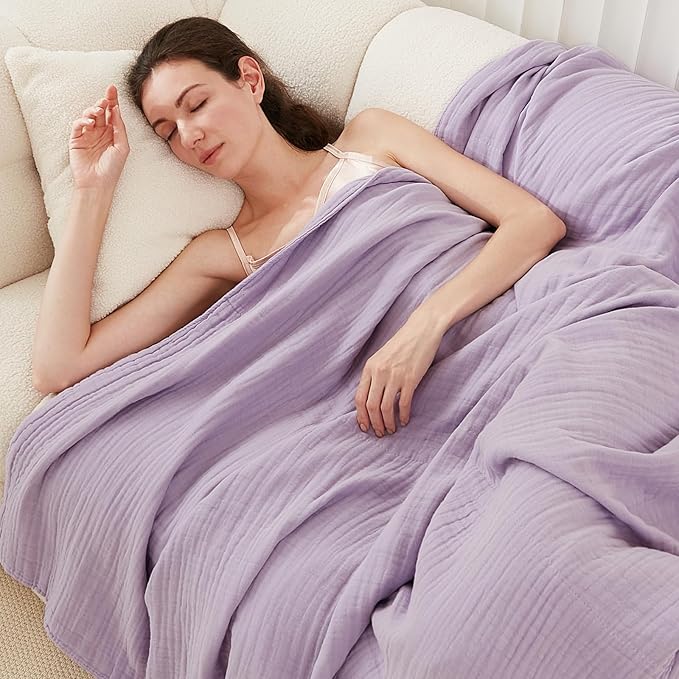 EMME Cotton Throw Blanket for Couch Soft Airy Muslin Bed Blankets Lightweight Breathable Blanket All Season Gauze Blanket, Lavender-Ruum Studio Home