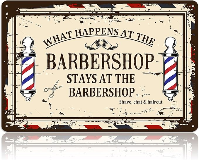 Barber Shop Decor Accessories - Vintage Barbershop Metal Tin Signs Haircut Wall Art Posters Gifts for Men Decorations - What Happens At The Barbershop Stays At The Barbershop Sign 8x12 Inch-Ruum Studio Home