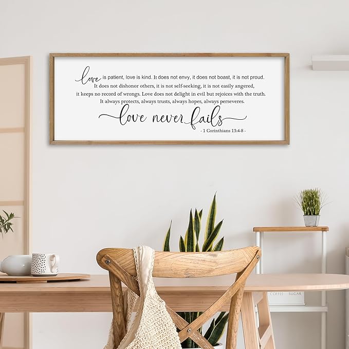 SRSZHIYUE Love is Patient Kind Sign Wall Decor Art 40"×15" 1 Corinthians 13 4-8 Master Bedroom Christian Wood Framed Large Wall Hanging (Wood)-Ruum Studio Home