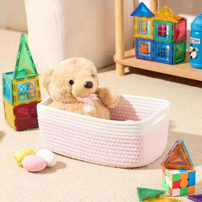 Small Storage Baskets for Organizing | Closet Organizer Bins | Shelf Toy Basket | Woven Rope Baskets | Cube Decorative Box | Shallow Basket | 13x8.5x5.1” | 3 Packs White Pink-Ruum Studio Home