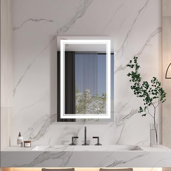 WELLFOR LED Bathroom Vanity Mirror 28 x 36 Inch, Lighted Anti-Fog Dimmable Mirror, IP44 Waterproof Wall Mounted Makeup Mirror, Packed with US Standard Plug and Touch Switch, (Horizontal/Vertical)-Ruum Studio Home