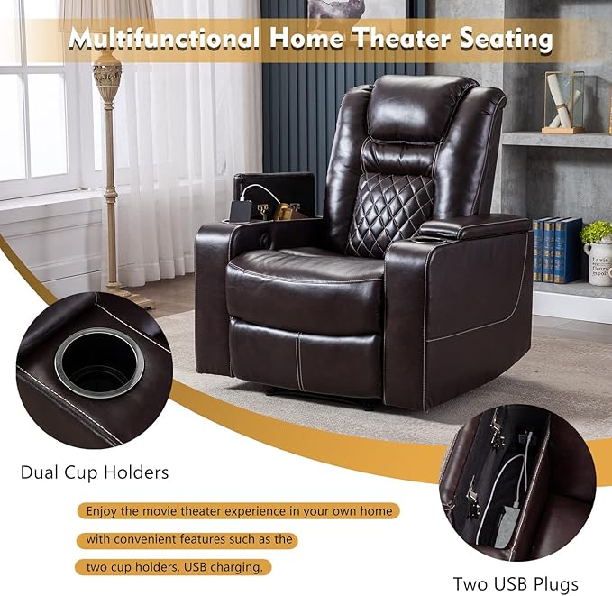 CANMOV Electric Power Recliner Chair with USB Ports and Cup Holders, Breathable Leather Home Theater Seating with Hidden Arm Storage (Brown)-Ruum Studio Home