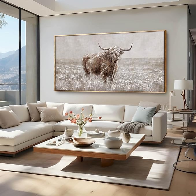 Farmhouse Highland Cow Wall Decor on Canvas with Framed Large Landscape Brown Artwork for Bedroom Living Room Office Decor 29x58 Inch-Ruum Studio Home