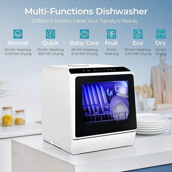 EUHOMY Countertop Dishwasher with 5L Built-in Water Tank& Inlet Hose Portable Mini Dishwashers with 6 Programs for Small Apartments, Dorms and RVs,High-Temp& Air-Dry Function, No Hookup Needed-Ruum Studio Home