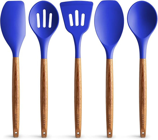 Zulay Kitchen Non-Stick Silicone Cooking Utensils Set with Acacia Wood Handles - 5 Piece Set - Heat Resistant to 464F - Dark Blue-Ruum Studio Home