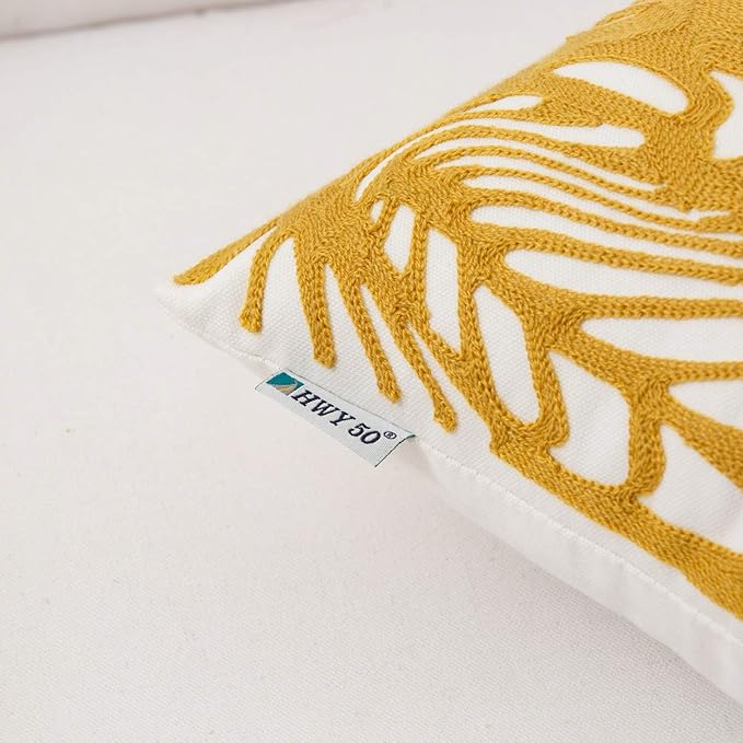 HWY 50 Yellow Decorative Throw Pillow Covers 18x18 Inch (1 Piece), Embroidered Cotton Farmhouse Cushion Cover Pillow Case for Sofa Couch Living Room Bed, Texture-Ruum Studio Home