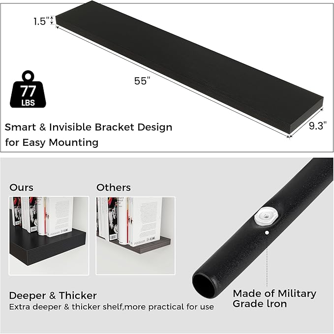 Floating Shelves for Wall, Large Wall Mounted Shelves with Invisible Brackets, Long Wood Floating Shelf Shelves for Living Room, Bedroom, Kitchen, (Black, 55" W x 9" D x 1.5" H)-Ruum Studio Home