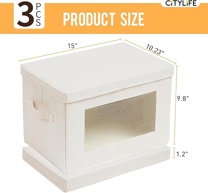 Citylife 3 Pack Storage Bins with Lids, Fabric Foldable Storage Bins with Soft Cord Handles, Canvas Storage Bin with Lid for Organizing Clothes, Blankets and Books, Beige-Ruum Studio Home