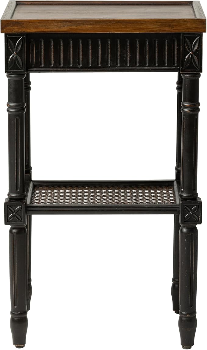 Rustic Farmhouse Cottagecore Accent End Table Set of 2, Distressed Accent Side Table with Espresso Tray Top and Woven Wicker Shelf, Boho, French Country Decor, Square, Weathered Brown & Black-Ruum Studio Home