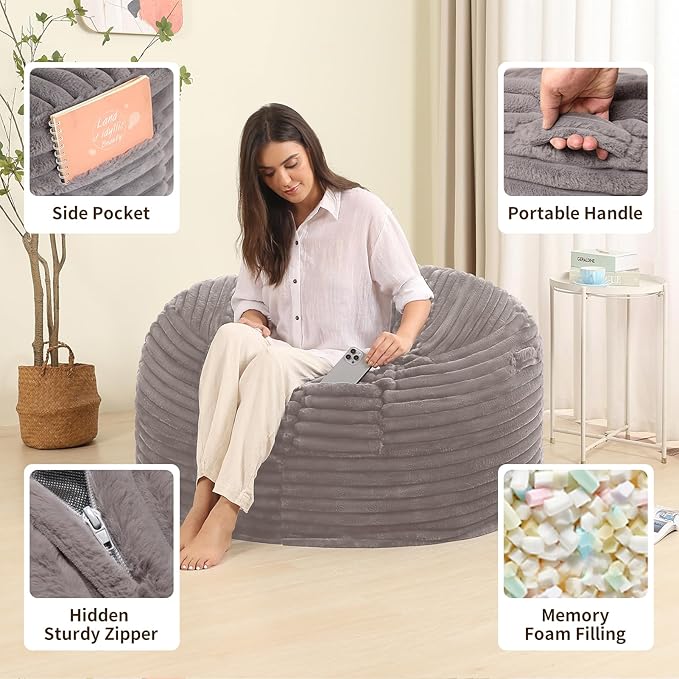 3FT Memory Foam Bean Bag Chair for Adults/Teens, Bean Bag Sofa with Fluffy Removable Cover, for Living Room Bedroom, Grey-Ruum Studio Home