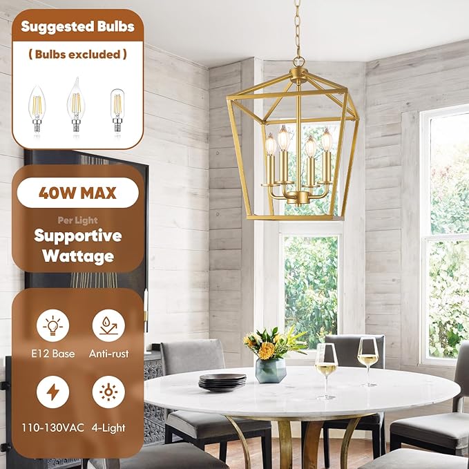 Farmhouse Chandelier 4-Light, Gold Pendant Light Fixture for Kitchen Island Dining Room, Lantern Industrial Lighting Ceiling Hanging with Metal Cage Adjustable Height for Entryway Foyer-Ruum Studio Home