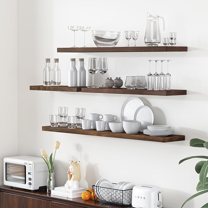 Fun Memories Floating Shelves for Wall, 48"x9.3" Rustic Solid Elm Wood Wall Shelves, Heavy-Duty Mounted Shelves with Invisible Brackets, Set of 2 for Living Room, Bedroom, Kitchen, Walnut Finish-Ruum Studio Home