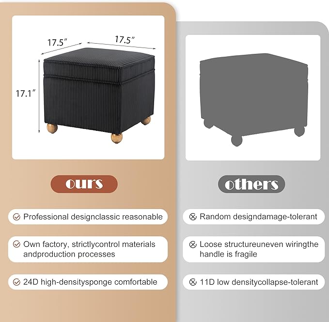 Adeco 17 Inch High Striped Flannel Black Cube Ottoman Storage, 3D Embossed Velvet Chair Foot Stools, Upholstered Vanity Stool with Hinged Lid, Solid Round Wood Legs-Ruum Studio Home