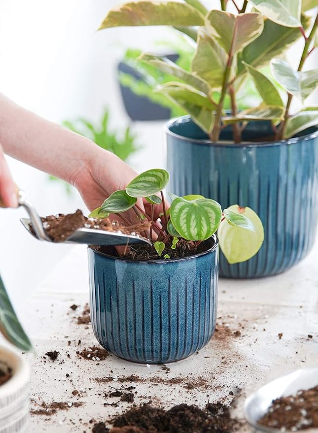 LE TAUCI Fluted Ceramic Planters Set of 3 – 8.3/7 / 5.7 in Ocean Blue Reactive Cylinder Indoor Plant Pots with Drainage Plug & Mesh, Glossy Stoneware Flower Pots for Succulents Herbs-Ruum Studio Home