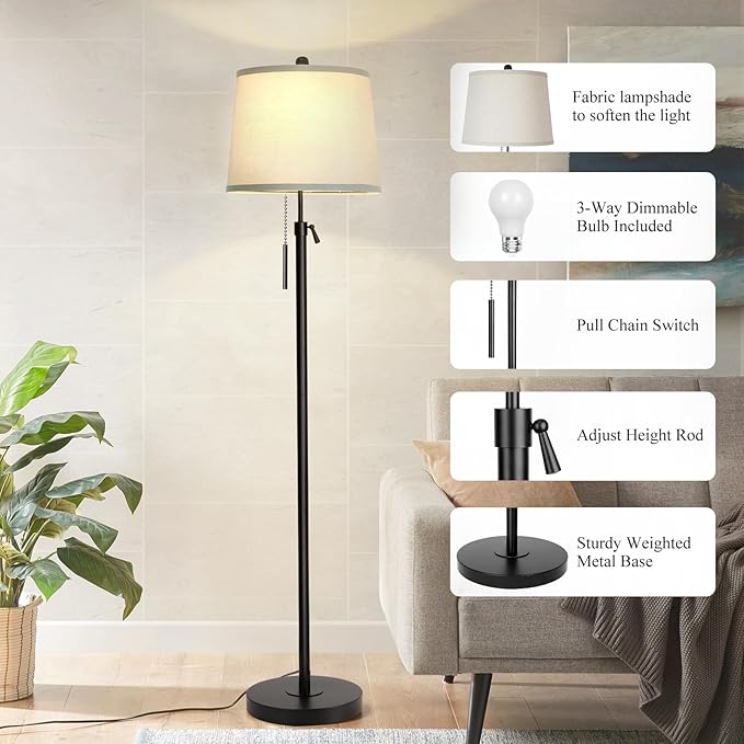 Floor Lamps for Living Room, Black Floor Lamp Adjustable Height Standing Lamp, Dimmable Modern Tall Floor Lamp for Bedroom Office with Beige Linen Shade, 8W 3000K Bulb Included-Ruum Studio Home