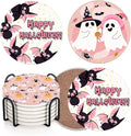 Coaster for Drinks Set of 6, Happy Halloween Cute Ghost Groovy Pink Absorbent Round Ceramic Stone Mat, with Cork Base and Metal Holder, Gift for Housewarming Room Bar Decor-Ruum Studio Home