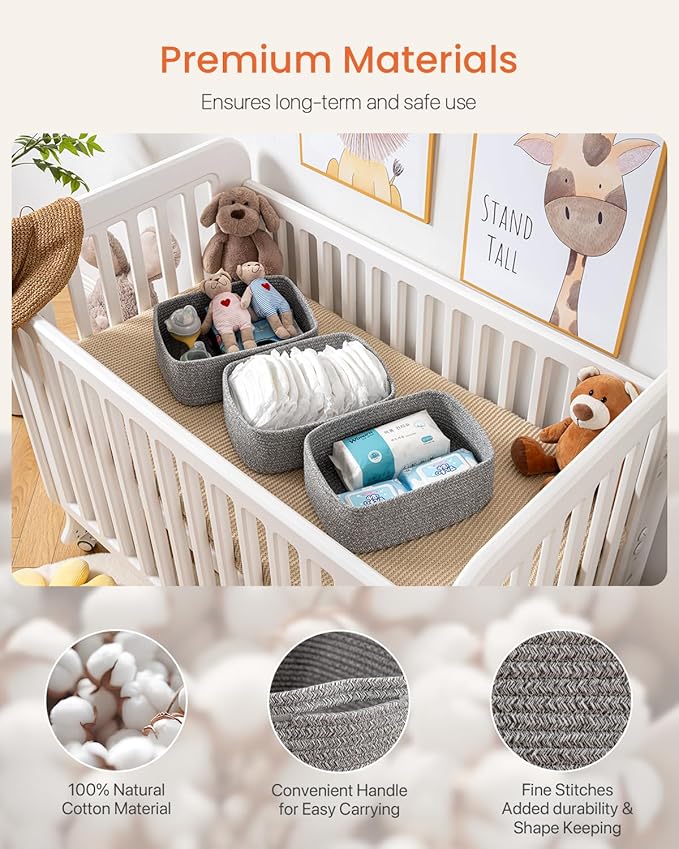 KALLAX Small Woven Basket, 13.5 x 9.5 x 5 Inches, Storage Basket for Organizing, Cute Small Rope Shelf Closet Cube Storage Bins Baskets for Shelves, Dog Toy Gift Baskets Empty, 3 Packs, Mixed Grey-Ruum Studio Home