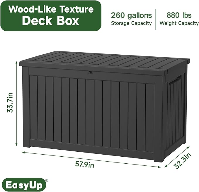 260 Gallon Outdoor Storage Box Waterproof, UV Resistant Resin Deck Box with Hydraulic Rod, Lockable Design and Enhanced Durability for Patio, Garden, and Poolside Use-Ruum Studio Home