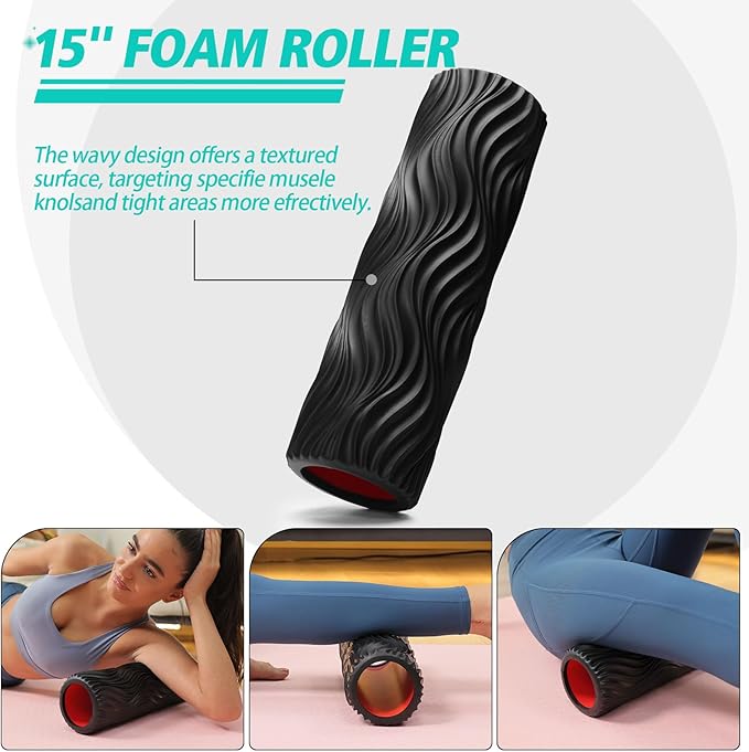 5-in-1 Foam Roller Set, Massage Roller Stick, Massage Ball, Resistance Band for Deep Muscle Massage, Trigger Point Release, Pilates, Yoga (Black-Wave)-Ruum Studio Home