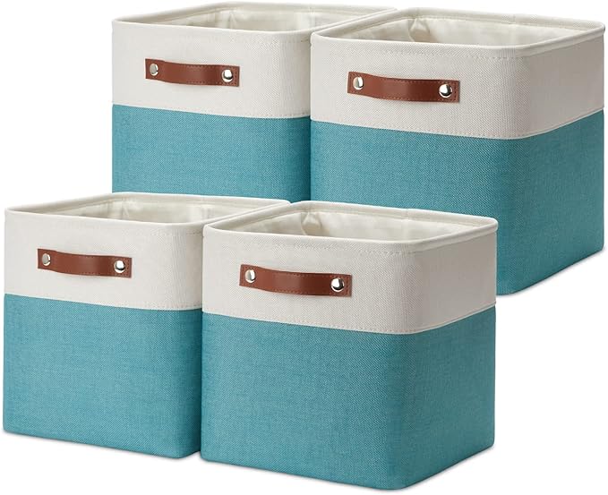 DULLEMELO Foldable Storage Cubes 11 x 11 Organizer Bins,Canvas Storage Bins Empty Gift Baskets for Organizing with SturdyLeather Handles, Closet Baskets for Nursery Storage(4 Pack - 11" White&Teal)-Ruum Studio Home