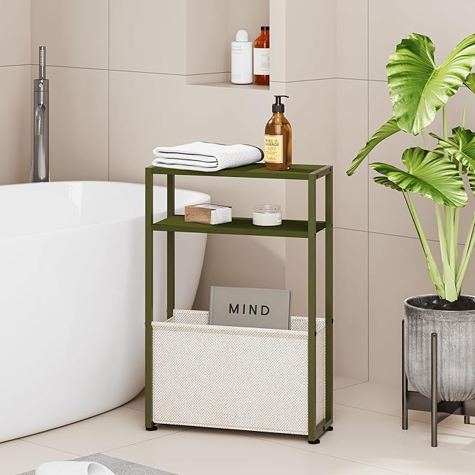 Narrow Side Table, Slim End Tables with Fabric Basket, Skinny Table for Small Spaces, Thin Bedside Table for Living Room, Bedroom (1, Forest Green + Camel Brown)-Ruum Studio Home