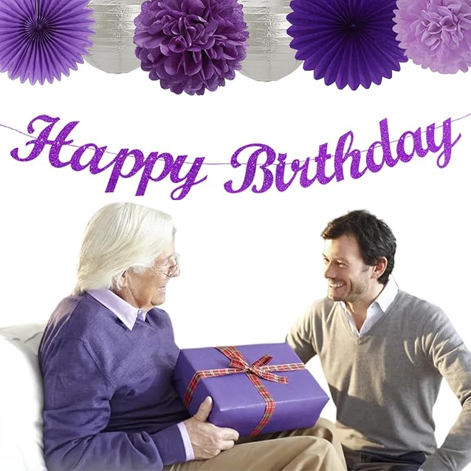 Purple Silver Birthday Party-Decorations Paper-Flowers - 14pcs Happy Banner Lavender Lanterns Tissue Pom Poms,Lilac Streamers Garland Fans,Women Girls Adult Kids Office Hanging Supplies Decor Hugfond-Ruum Studio Home