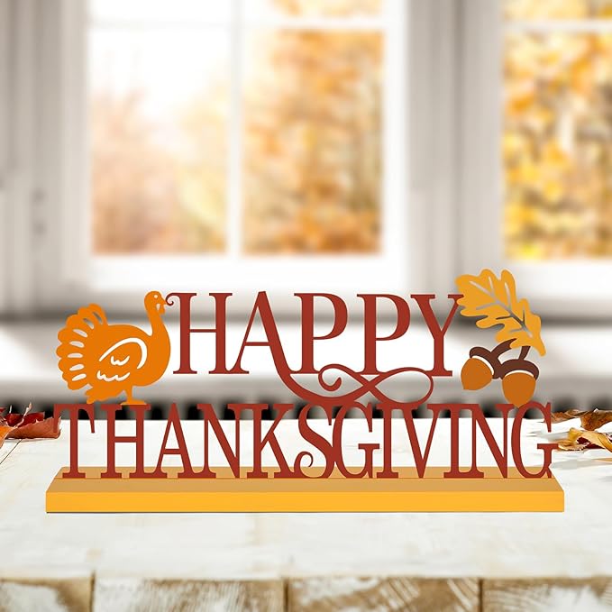 COCHIE Metal Happy Thanksgiving Sign, Fall Leaves Turkey Table Centerpieces Decorations for Home, Office, Shelf, Mantel, Indoor, Traditional Party Supplies Decor (Thanksgiving)-Ruum Studio Home