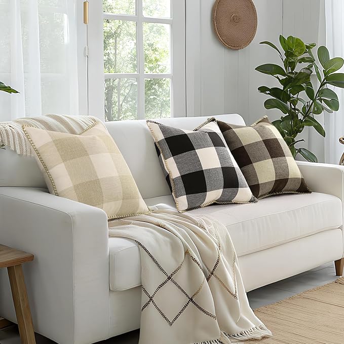 decorUhome Buffalo Plaid Check Fall Throw Pillow Covers 16x16 Set of 2, Outdoor Decorative Farmhouse Pillow Covers with Stitched Edge for Bed Couch Sofa, Cream White and Beige-Ruum Studio Home