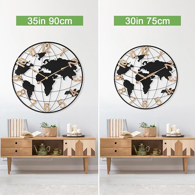 36 Inch Extra Giant Oversized Black Metal Wall Clock,Large Modern Decorative Silent World Map Wall Clock with Vintage Gold Arabic Numeral for Living Room,Entrance Fireplace,Dining Room Decor-Ruum Studio Home