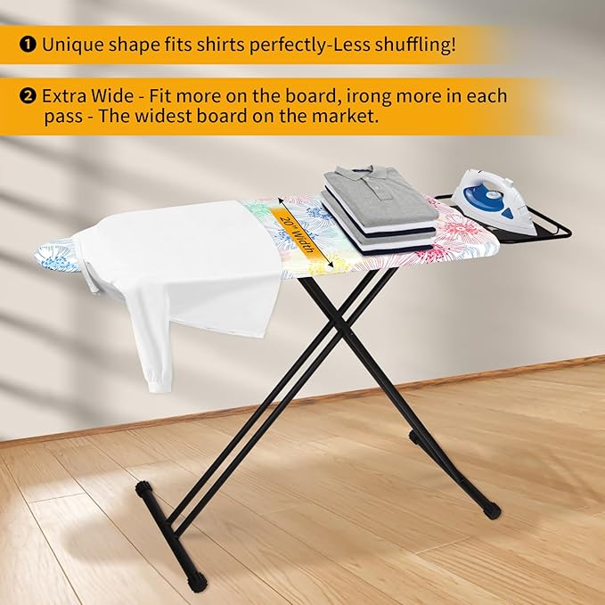 Extra Large Ironing Board with Hang Rail and Iron Rest 63" L x 20" W (Large with Iron Rest (Floral Cover))-Ruum Studio Home