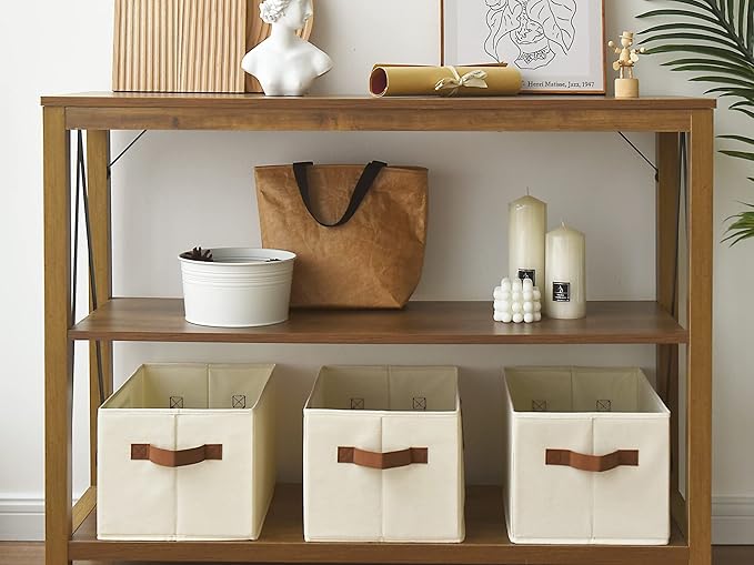 StorageWorks Storage Baskets for Shelves, Foldable Fabric Closet Storage Bins with PU Handles, Fabric Storage Bins Clothes Organizer, Ivory White, 3-Pack, Large-Ruum Studio Home
