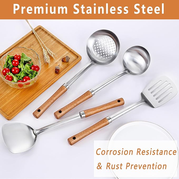 Pleafind 4-Pcs Cooking Utensils Set, Stainless Steel Kitchen Utensils with Wooden Hanlde, Kitchen Essentials Set Include Wok Ladle, Slotted Spoon, Wok Spatula and Slotted Spatula, Dishwasher Safe-Ruum Studio Home