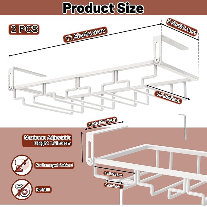 AUHOKY 2Pcs Adjustable Wine Glass Rack Under Cabinet, Punch-Free 4 Rows Stemware Wine Glass Metal Holder, Hanging Wine Glasses Storage Hanger Organizer for Shelf Kitchen Bar Decor(White, 4 Rows)-Ruum Studio Home