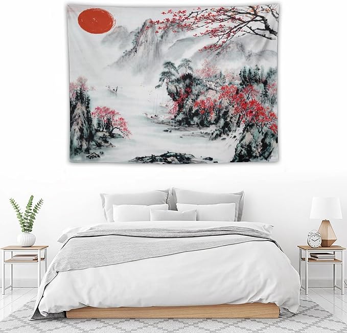 Cherry Blossoms Tapestry, Japanese Red Landscape Asian Watercolor Abstract Art, Bedroom Living Room Decor 40"x30"-Ruum Studio Home