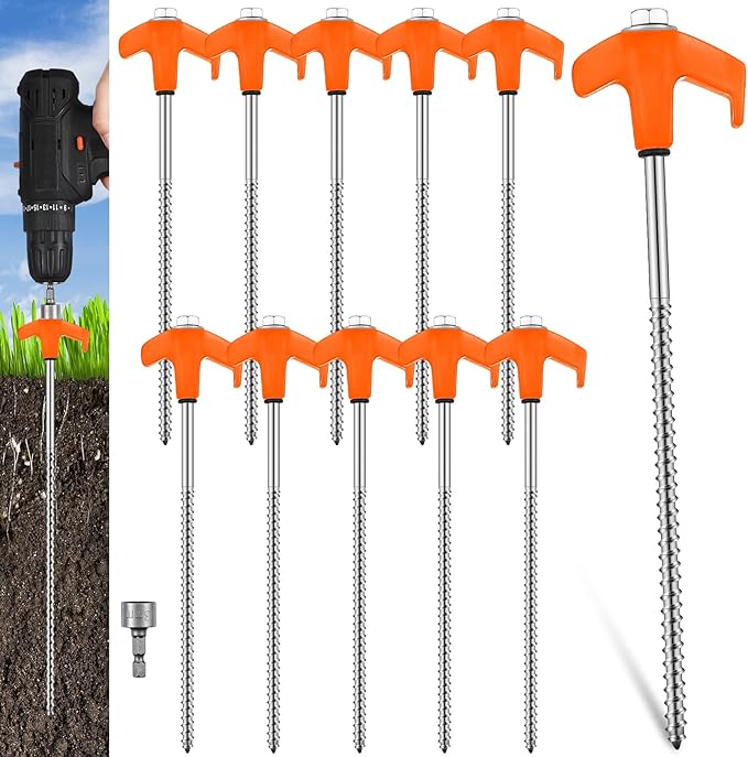 Hicarer 10 Pcs 20 Pcs 8'' Screw in Tent Stakes Heavy Duty Ground Metal Stakes for Inflatables with Hex Head Driver for Outdoor Camping Tent Inflatable Garden Decor (Orange)-Ruum Studio Home