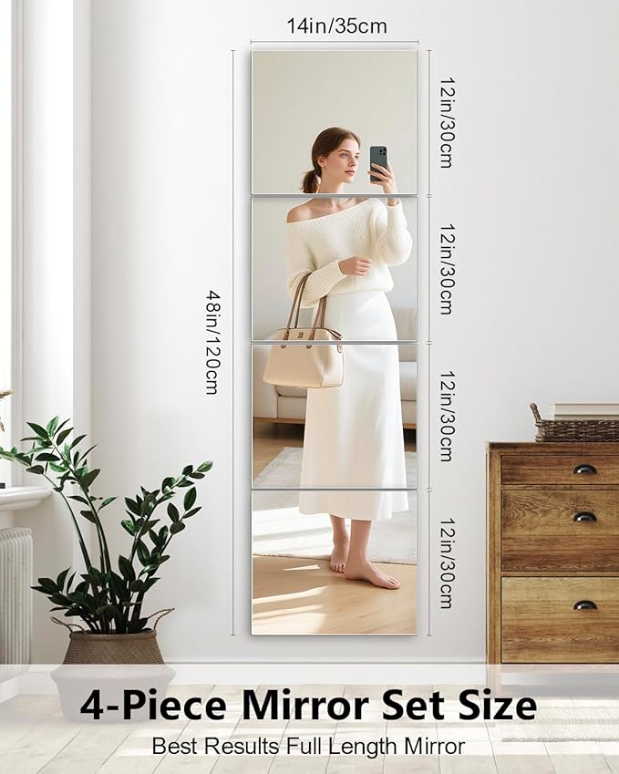 Full Length Wall Mirror Tiles, 12'' x 14'' x 4PCS, Acrylic Unbreakable Full Body Mirror for Bedroom Squares Shatterproof Mirror Sheets Wall Mounted for Home Gym Door-Ruum Studio Home