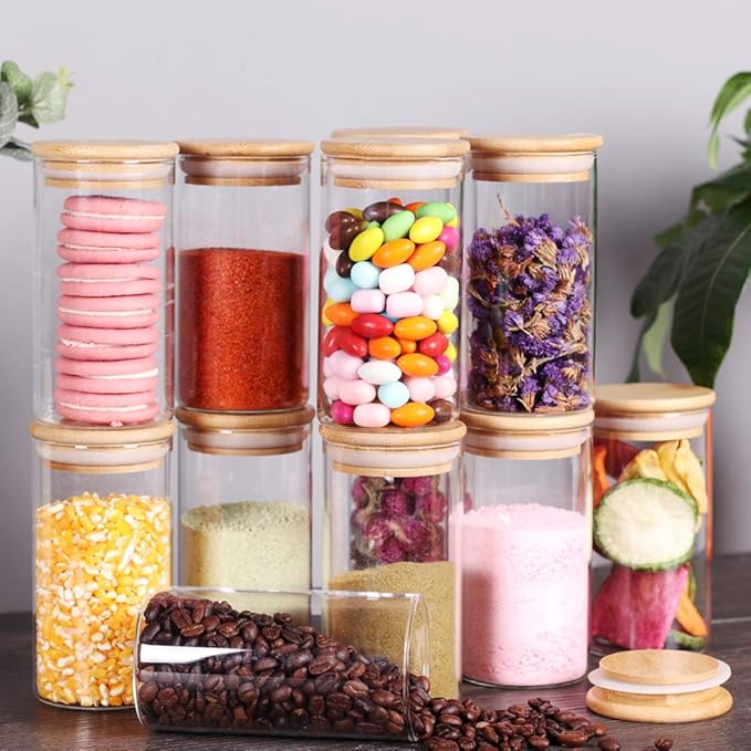 12 Pcs Glass Spice Jars - 8.5oz Empty Small Glass Bottles with Bamboo Airtight Lids and Labels - Thicken Seasoning Spice Containers for Kitchen Organization and Storage…-Ruum Studio Home