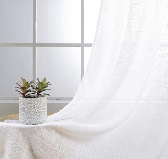 MIUCO Sheer Curtains 84 Inch Long White Living Room Curtains Semi Voile Sheer Panels Linen Textured Grommet Curtains Window Curtain Panels, 37 x 84 Inches Length Set of 2 Drapes-Ruum Studio Home