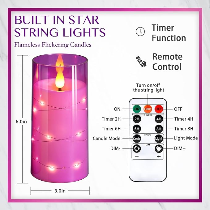 NURADA 3"x6"Flickering Flameless Candles: Built-in Star String Lights 3D Wick Battery Operated LED Pillar Candles with Remote and Timer for Table Wedding Centerpieces Party - 2 Pack Purple-Ruum Studio Home